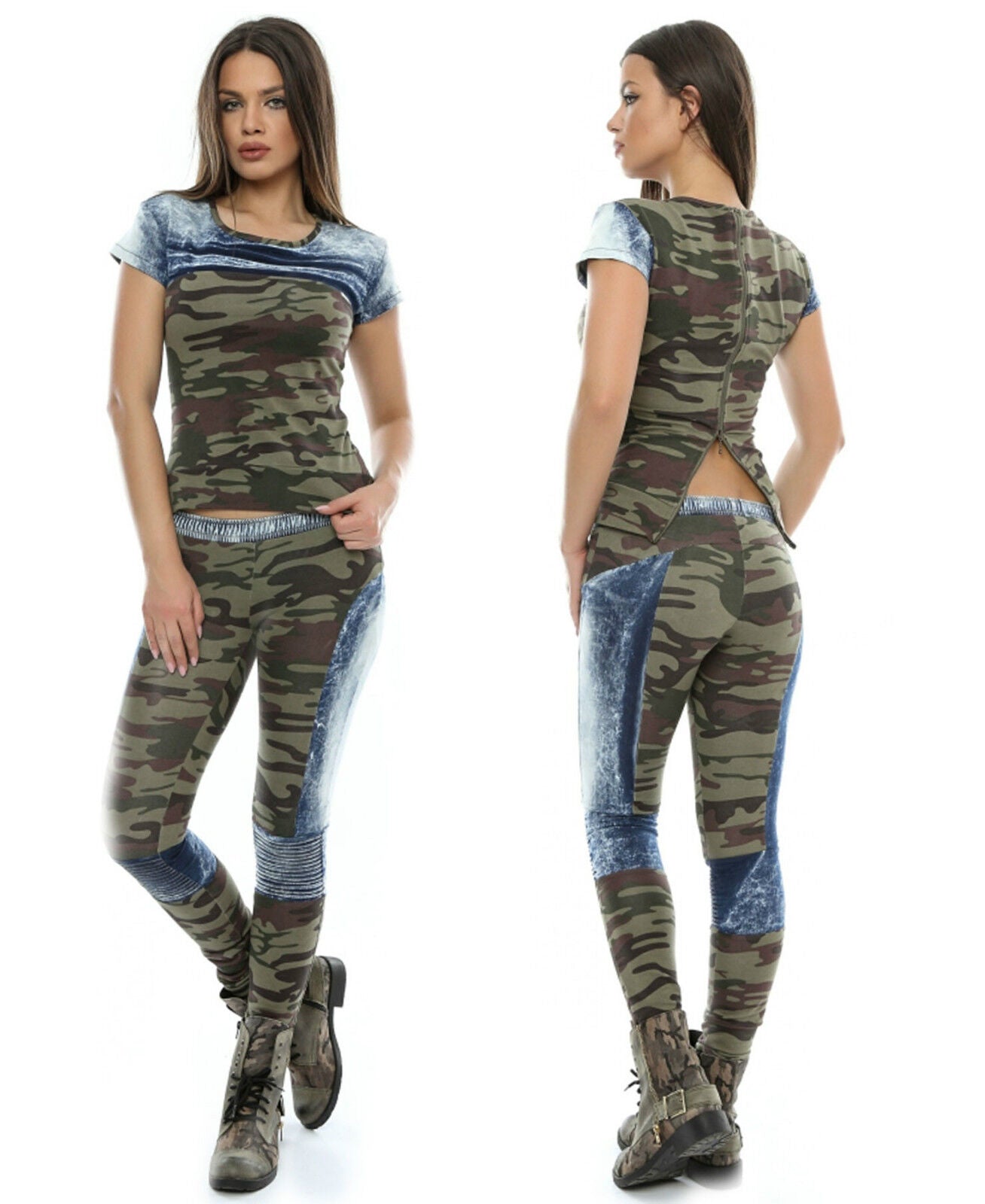 Foggi Damen 2-Teiler Jeans T-Shirt Camouflage Röhrenhose Jeanshose set XS 34