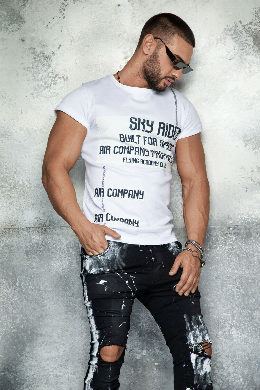 By Alina Herren T-Shirt Slim-Fit Bestickt Print Kurzamshirt Longshirt S M L XL