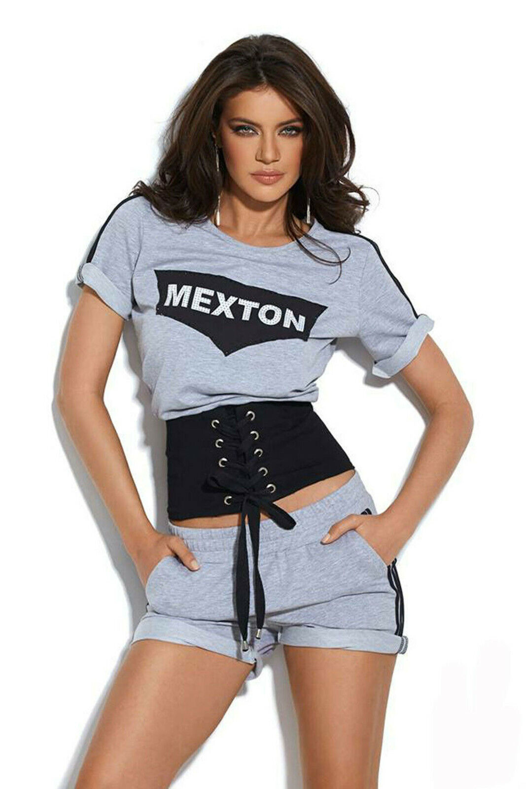 By Alina Mexton Damen 2-Teiler Cropped Top Pullover + High-Waist Hotpants XS-M
