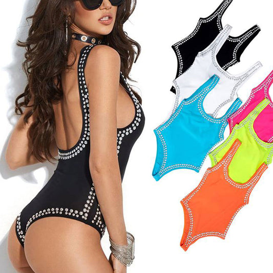 Mexton Damen Badeanzug Monokini Bodie Einteiler Body Swimsuit Nieten Neon XS-S