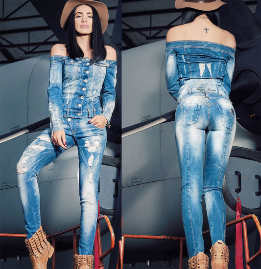 Foggi Damen Jeans 2-Teiler Jeansjacke Schulterfrei + Hüftjeans Skinny  Blau S-M