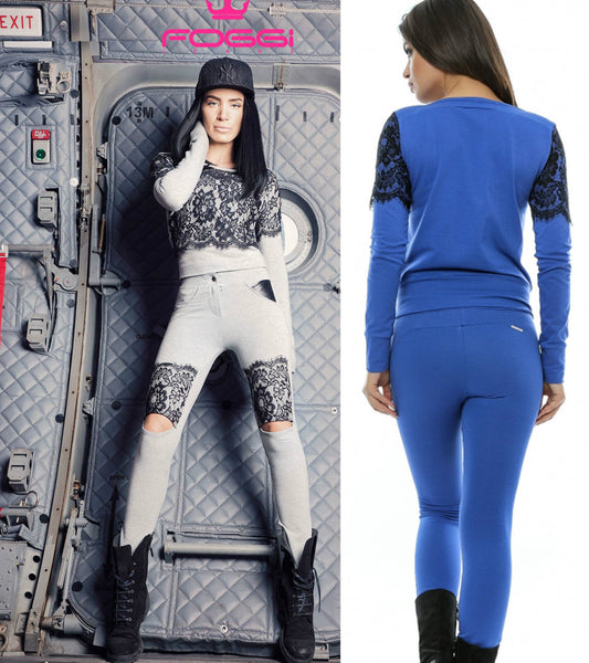 Foggi Damen 2-Teiler Hausanzug Pullover + Jogginghose Spitze Blau Grau XS S M